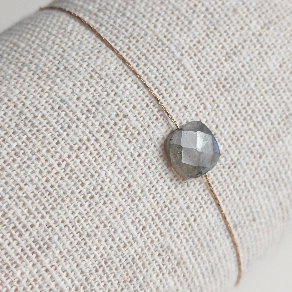 Gold Tone Labradorite Bracelet Iridescent Faceted Stone Dainty Star Charm Gray